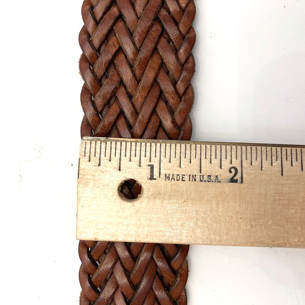 Vtg Lands End Brown Braided Woven Leather Belt Solid Brass Buckle - Picture 5 of 7